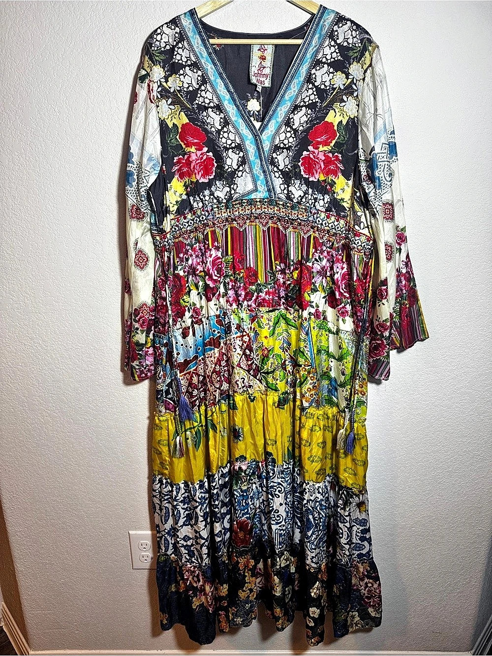 Johnny Was Dibble Dress Floral Maxi Black & Yellow PXL 100%silk NWT